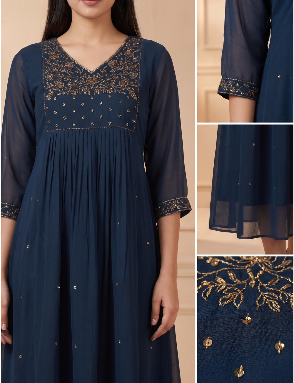 Teal Blue Aari Work A-Line Kurti