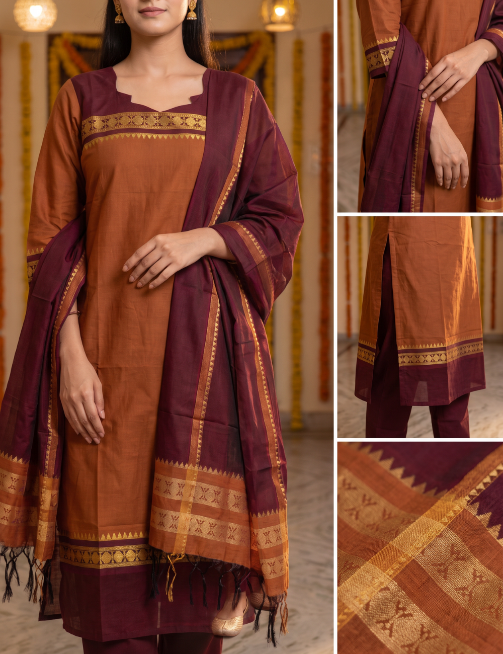 Rust & Maroon Chettinad Cotton 3-Piece Kurta Set with Dupatta
