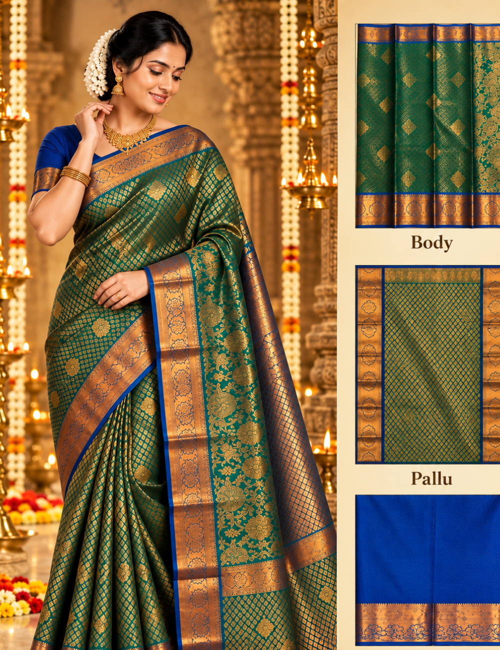 Emerald Green Ilampillai Silk Saree with Rich Gold Zari Border