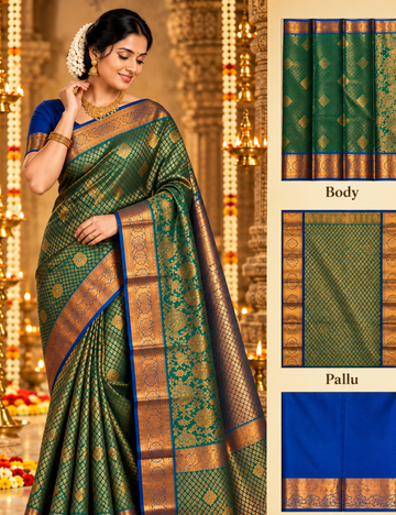 Emerald Green Ilampillai Silk Saree with Rich Gold Zari Border