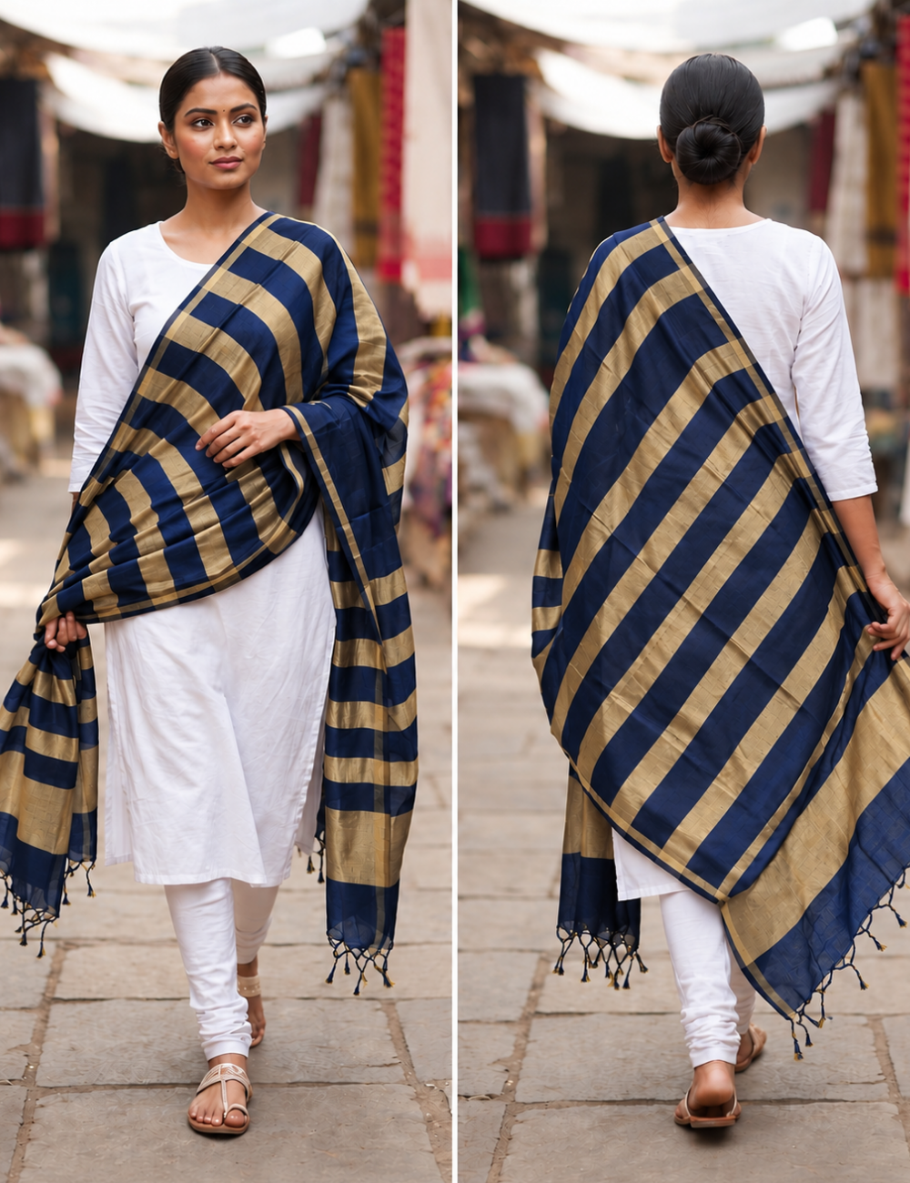 Ink Blue & Gold Striped Traditional Shawl