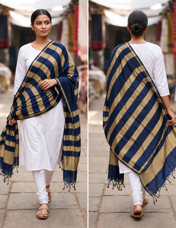 Ink Blue & Gold Striped Traditional Shawl