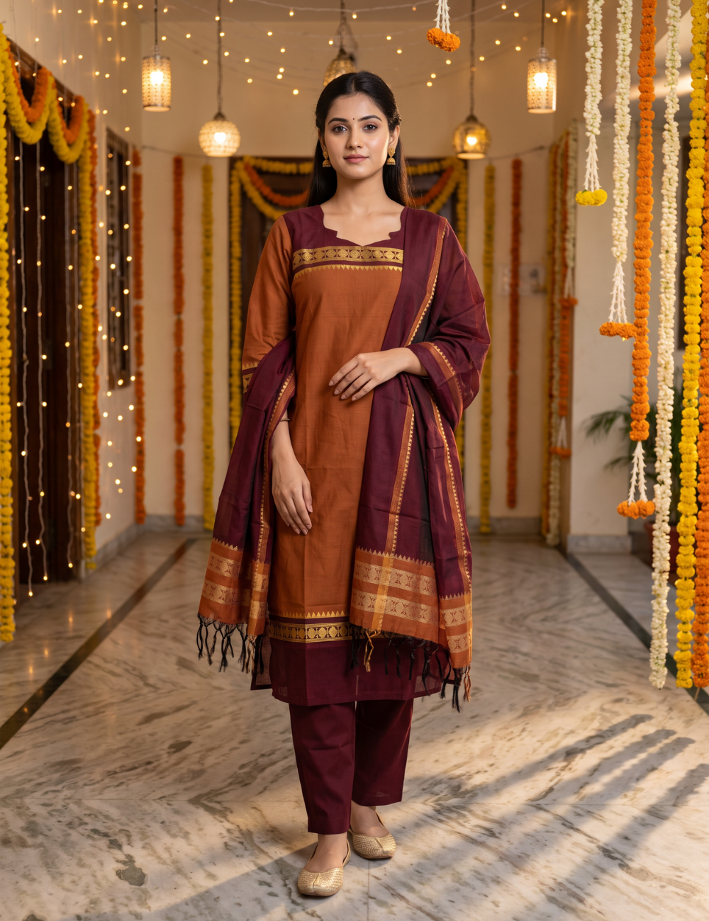 Rust & Maroon Chettinad Cotton 3-Piece Kurta Set with Dupatta