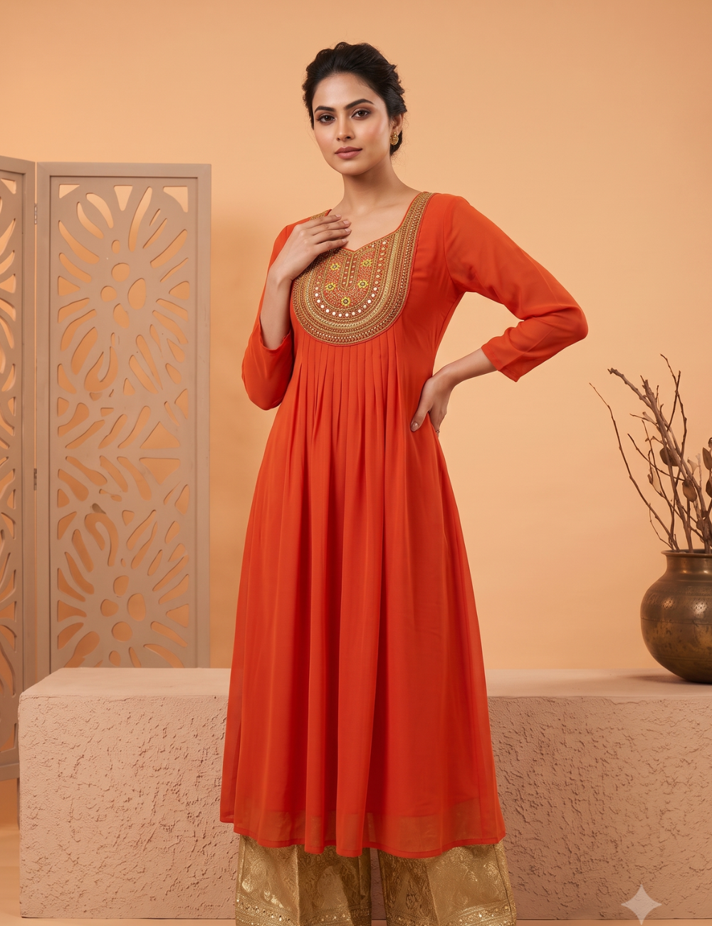 Elegant Embroidered Pleated Kurti — Festive Ethnic Wear