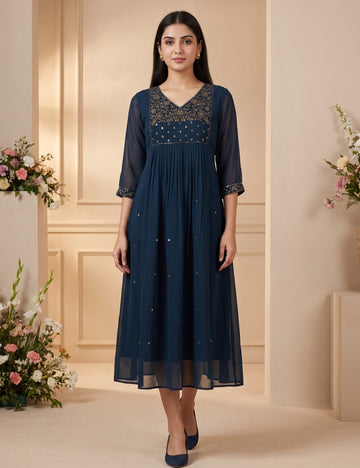 Teal Blue Aari Work A-Line Kurti