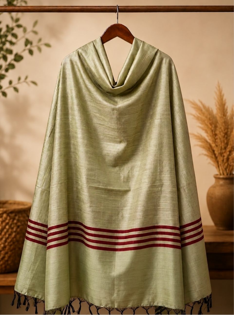 Dark Beige Silk-Blend Shawl with Stripe Border