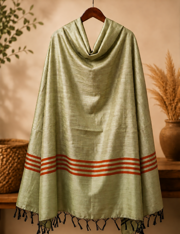Dark Beige Silk-Blend Shawl with Stripe Border