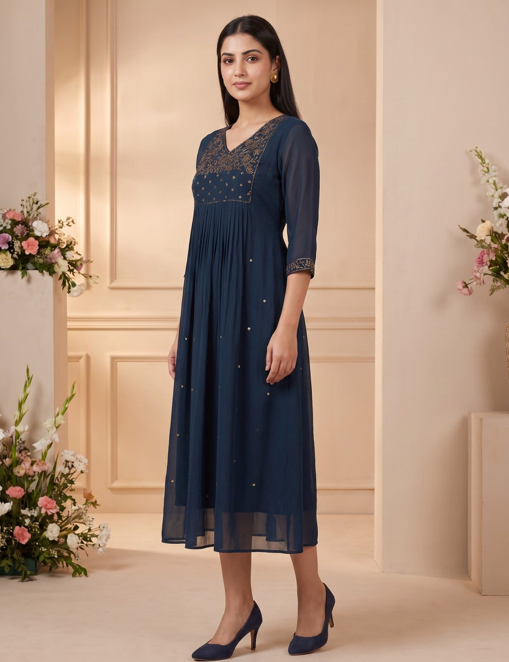 Teal Blue Aari Work A-Line Kurti