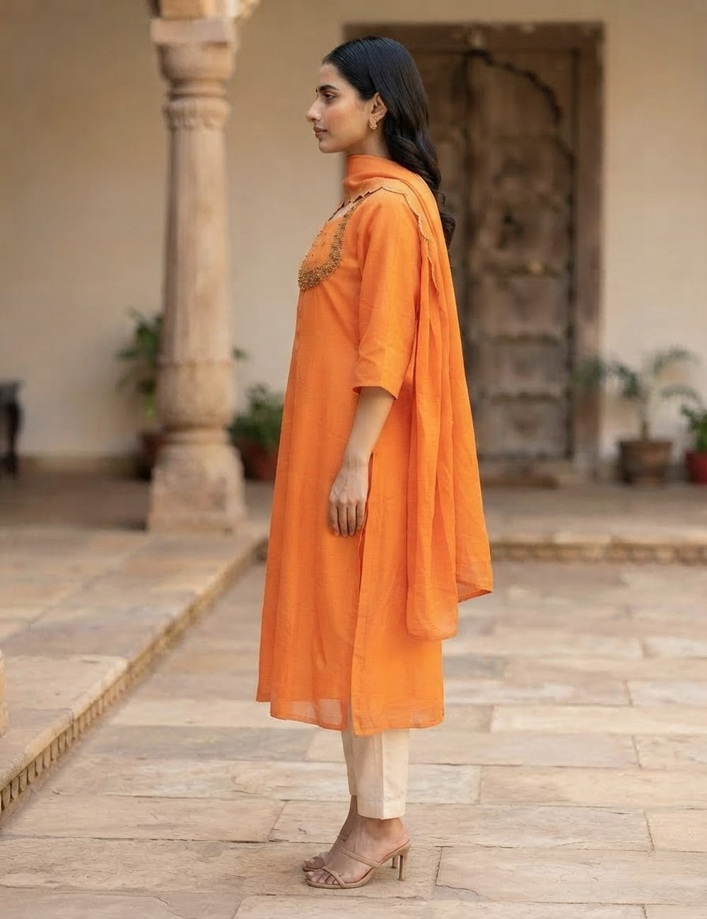 Orange Embellished Straight Kurti with Scalloped Dupatta