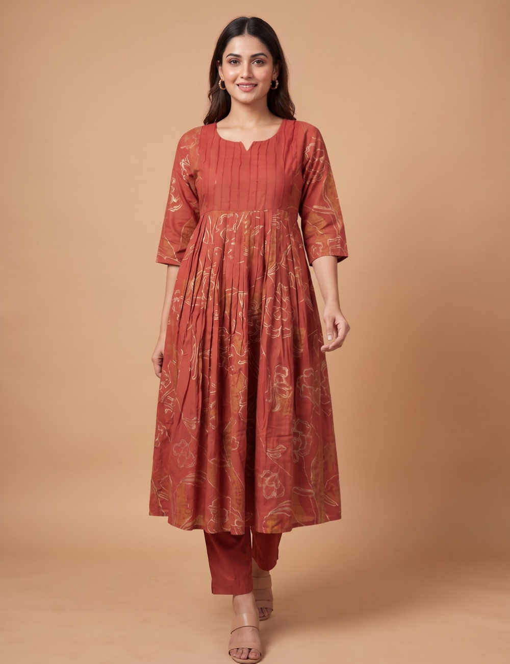 Rust Red Floral A-Line Kurta Set
